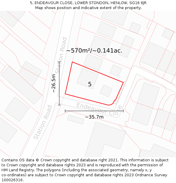 5, ENDEAVOUR CLOSE, LOWER STONDON, HENLOW, SG16 6JR: Plot and title map