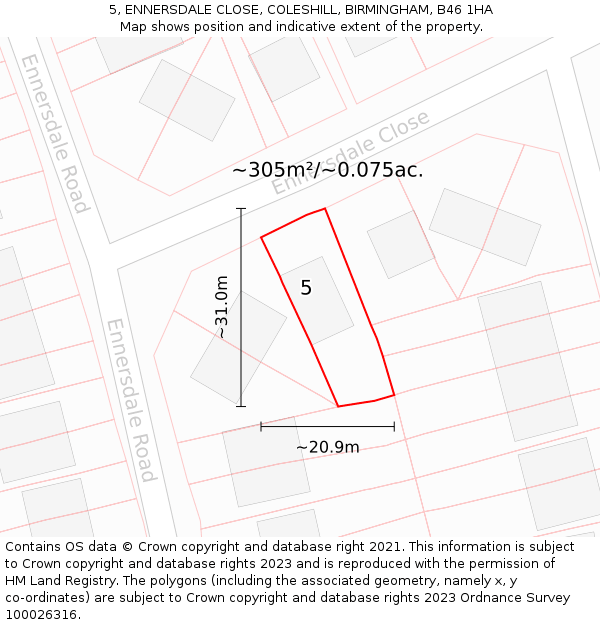 5, ENNERSDALE CLOSE, COLESHILL, BIRMINGHAM, B46 1HA: Plot and title map