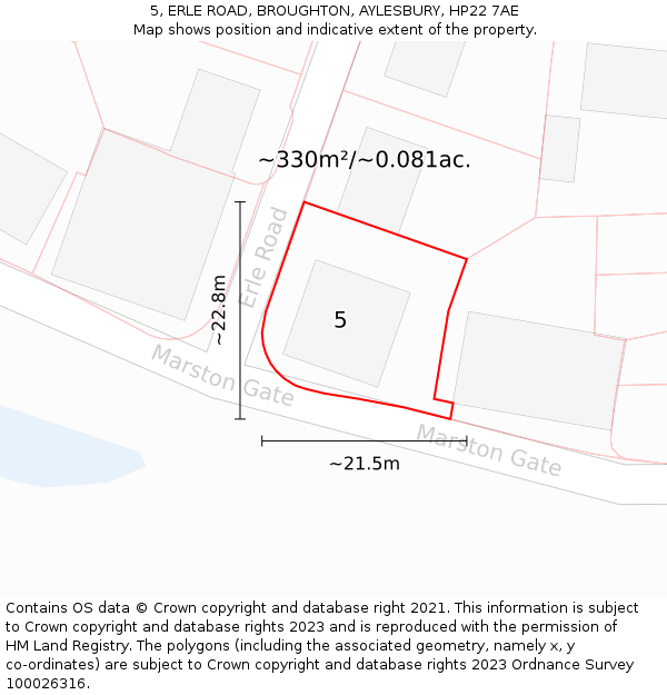 5, ERLE ROAD, BROUGHTON, AYLESBURY, HP22 7AE: Plot and title map