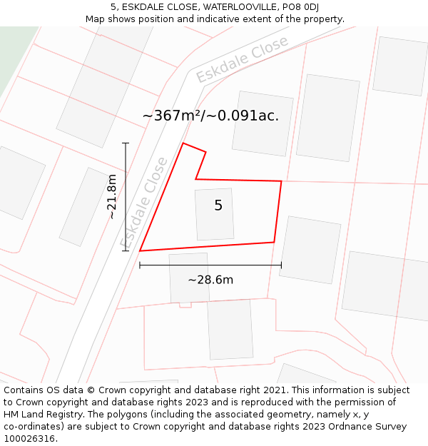 5, ESKDALE CLOSE, WATERLOOVILLE, PO8 0DJ: Plot and title map