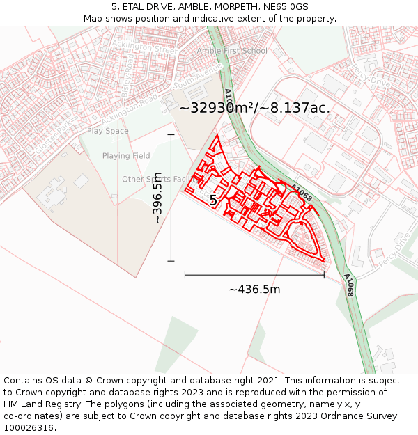 5, ETAL DRIVE, AMBLE, MORPETH, NE65 0GS: Plot and title map