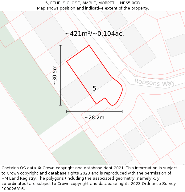 5, ETHELS CLOSE, AMBLE, MORPETH, NE65 0GD: Plot and title map