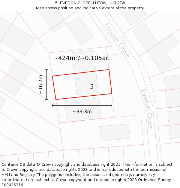 5, EVEDON CLOSE, LUTON, LU3 2TW: Plot and title map