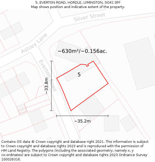 5, EVERTON ROAD, HORDLE, LYMINGTON, SO41 0FF: Plot and title map