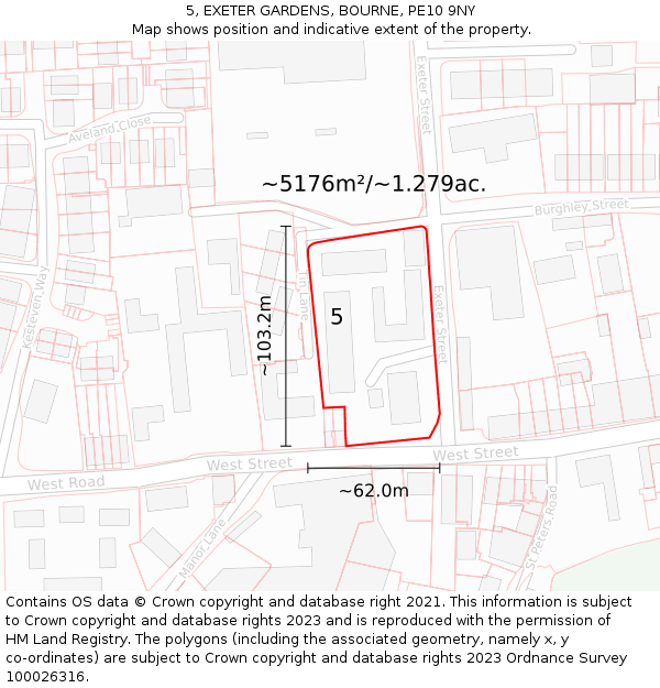 5, EXETER GARDENS, BOURNE, PE10 9NY: Plot and title map