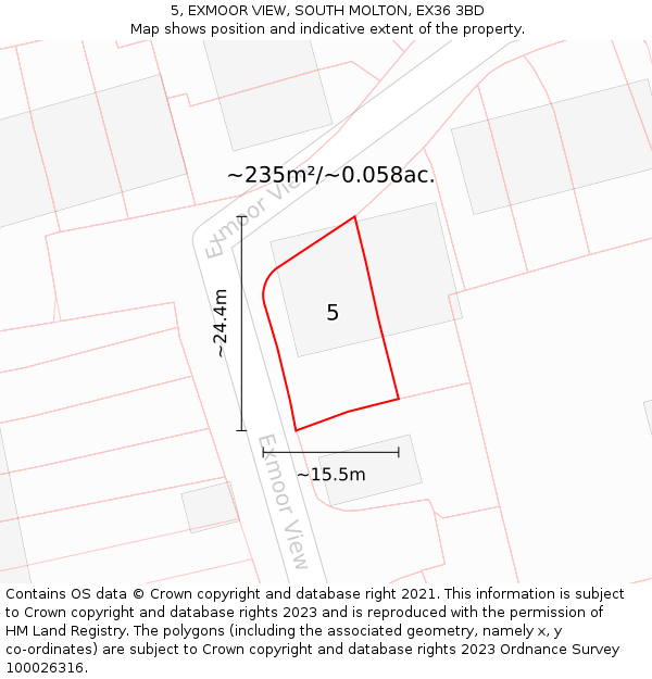 5, EXMOOR VIEW, SOUTH MOLTON, EX36 3BD: Plot and title map