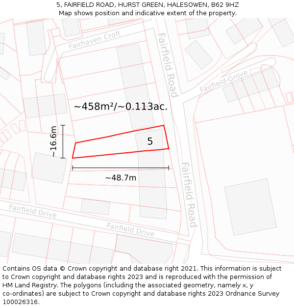 5, FAIRFIELD ROAD, HURST GREEN, HALESOWEN, B62 9HZ: Plot and title map