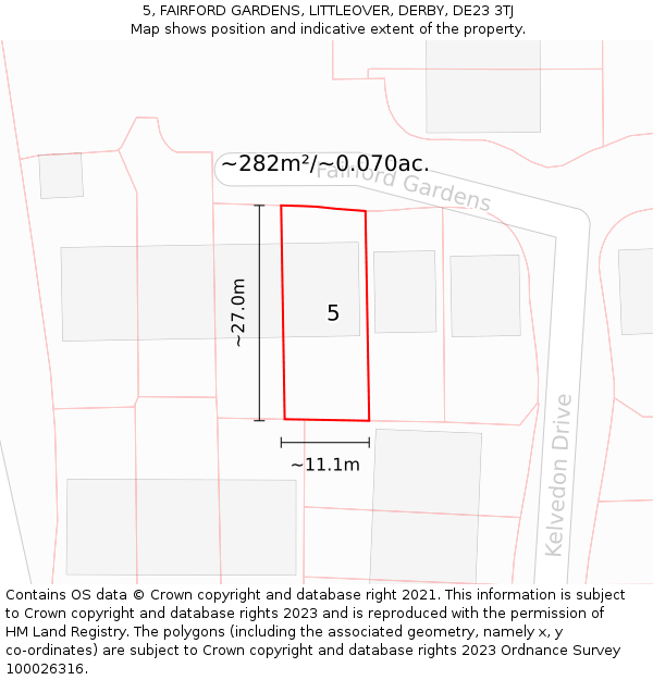 5, FAIRFORD GARDENS, LITTLEOVER, DERBY, DE23 3TJ: Plot and title map