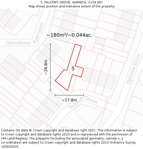 5, FALSTAFF GROVE, WARWICK, CV34 6EY: Plot and title map