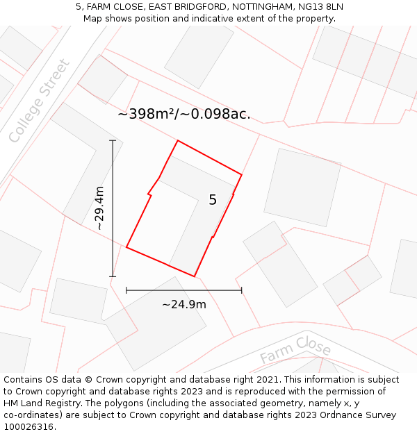 5, FARM CLOSE, EAST BRIDGFORD, NOTTINGHAM, NG13 8LN: Plot and title map