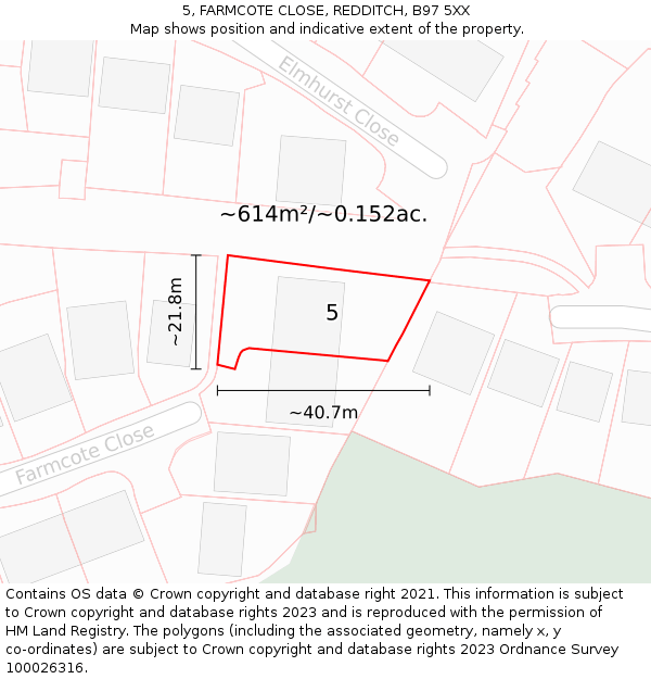 5, FARMCOTE CLOSE, REDDITCH, B97 5XX: Plot and title map