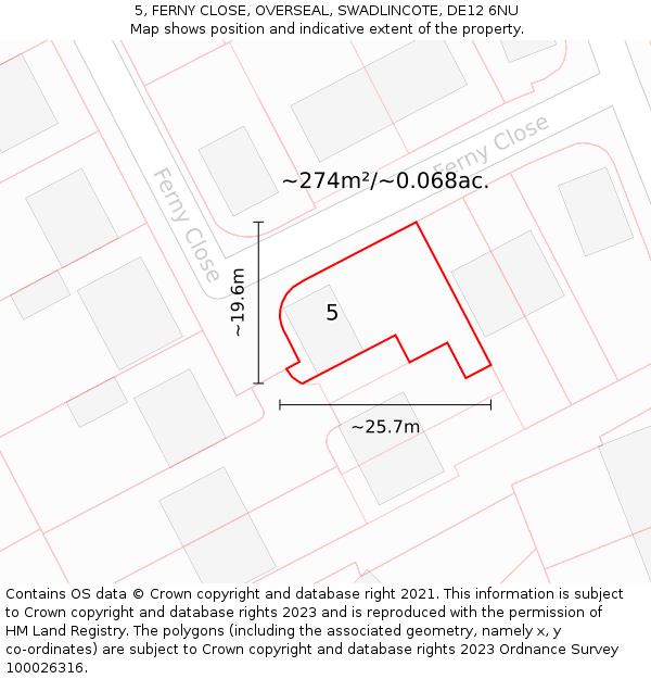 5, FERNY CLOSE, OVERSEAL, SWADLINCOTE, DE12 6NU: Plot and title map