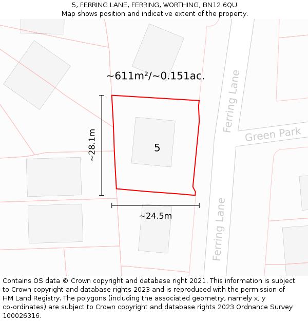 5, FERRING LANE, FERRING, WORTHING, BN12 6QU: Plot and title map