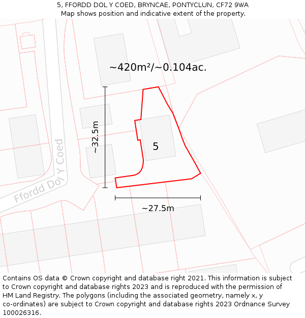 5, FFORDD DOL Y COED, BRYNCAE, PONTYCLUN, CF72 9WA: Plot and title map