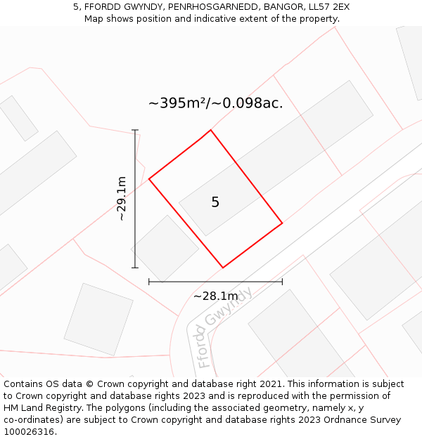 5, FFORDD GWYNDY, PENRHOSGARNEDD, BANGOR, LL57 2EX: Plot and title map