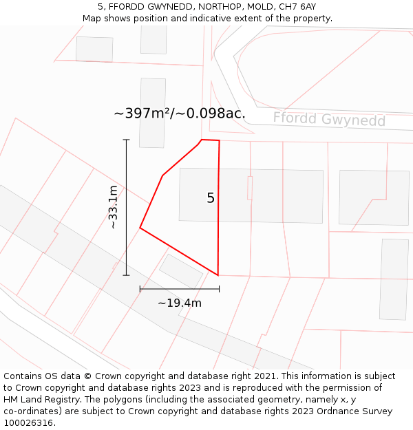 5, FFORDD GWYNEDD, NORTHOP, MOLD, CH7 6AY: Plot and title map