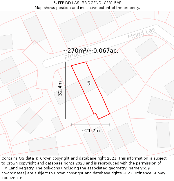 5, FFRIDD LAS, BRIDGEND, CF31 5AF: Plot and title map