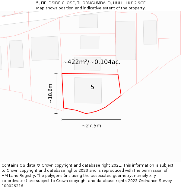 5, FIELDSIDE CLOSE, THORNGUMBALD, HULL, HU12 9GE: Plot and title map