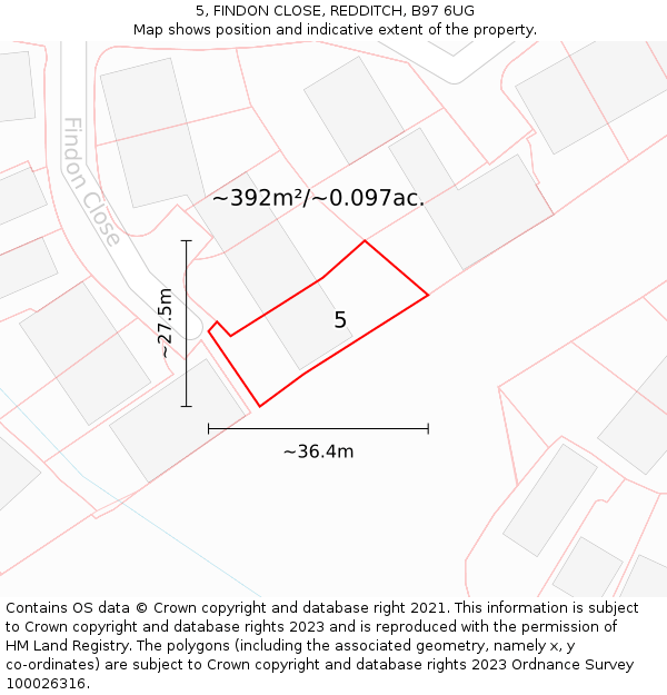 5, FINDON CLOSE, REDDITCH, B97 6UG: Plot and title map