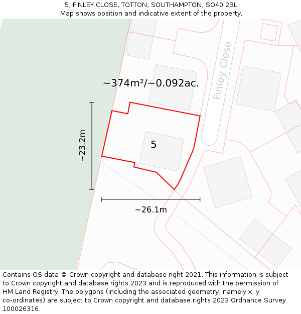 5, FINLEY CLOSE, TOTTON, SOUTHAMPTON, SO40 2BL: Plot and title map