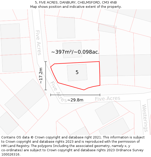 5, FIVE ACRES, DANBURY, CHELMSFORD, CM3 4NB: Plot and title map