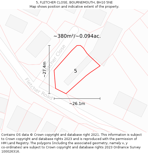 5, FLETCHER CLOSE, BOURNEMOUTH, BH10 5NE: Plot and title map