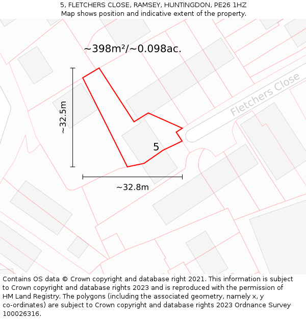 5, FLETCHERS CLOSE, RAMSEY, HUNTINGDON, PE26 1HZ: Plot and title map