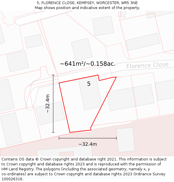 5, FLORENCE CLOSE, KEMPSEY, WORCESTER, WR5 3NE: Plot and title map