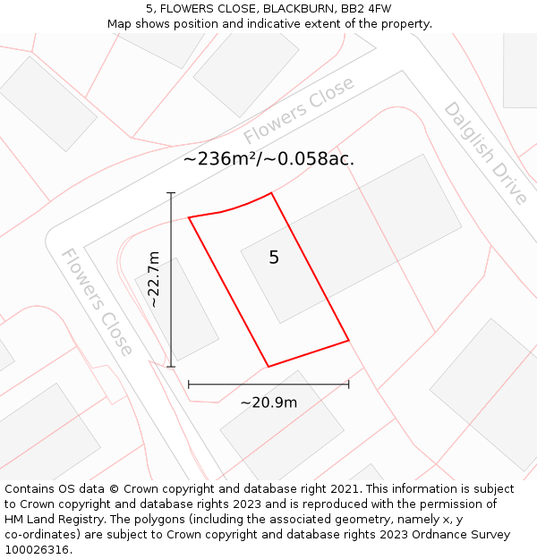 5, FLOWERS CLOSE, BLACKBURN, BB2 4FW: Plot and title map