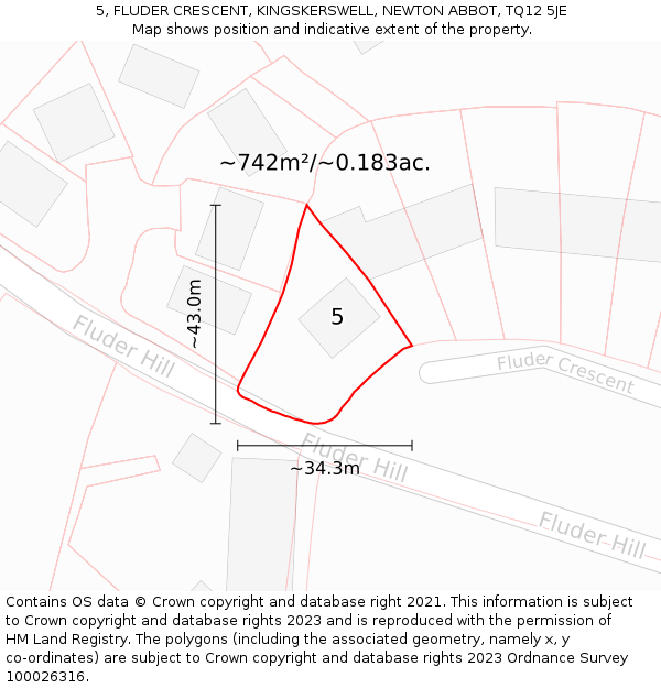 5, FLUDER CRESCENT, KINGSKERSWELL, NEWTON ABBOT, TQ12 5JE: Plot and title map