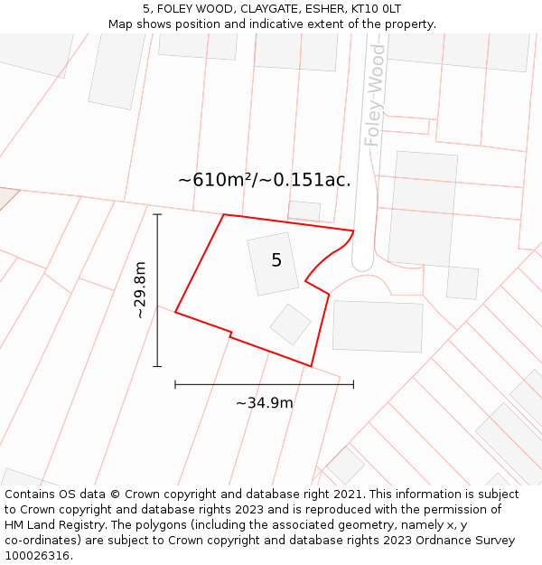 5, FOLEY WOOD, CLAYGATE, ESHER, KT10 0LT: Plot and title map