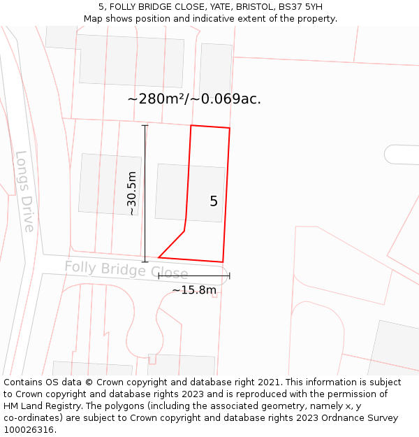 5, FOLLY BRIDGE CLOSE, YATE, BRISTOL, BS37 5YH: Plot and title map