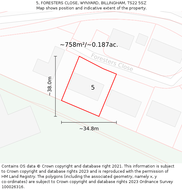 5, FORESTERS CLOSE, WYNYARD, BILLINGHAM, TS22 5SZ: Plot and title map