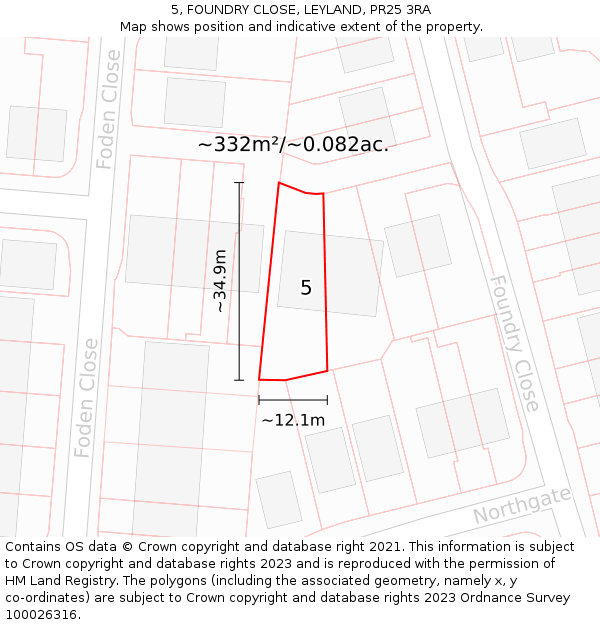 5, FOUNDRY CLOSE, LEYLAND, PR25 3RA: Plot and title map