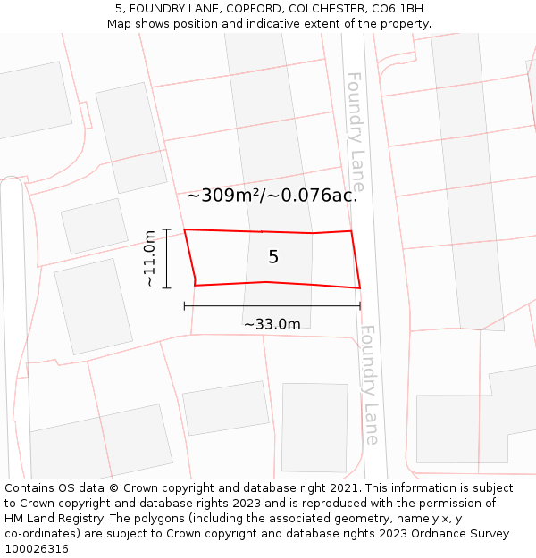 5, FOUNDRY LANE, COPFORD, COLCHESTER, CO6 1BH: Plot and title map