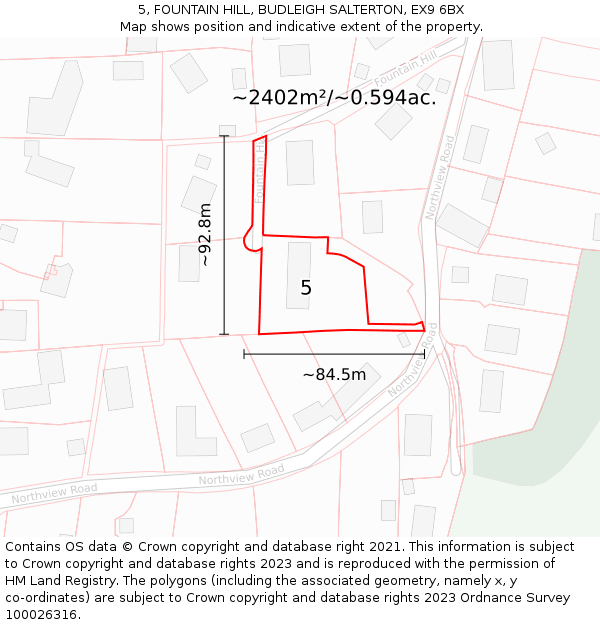 5, FOUNTAIN HILL, BUDLEIGH SALTERTON, EX9 6BX: Plot and title map
