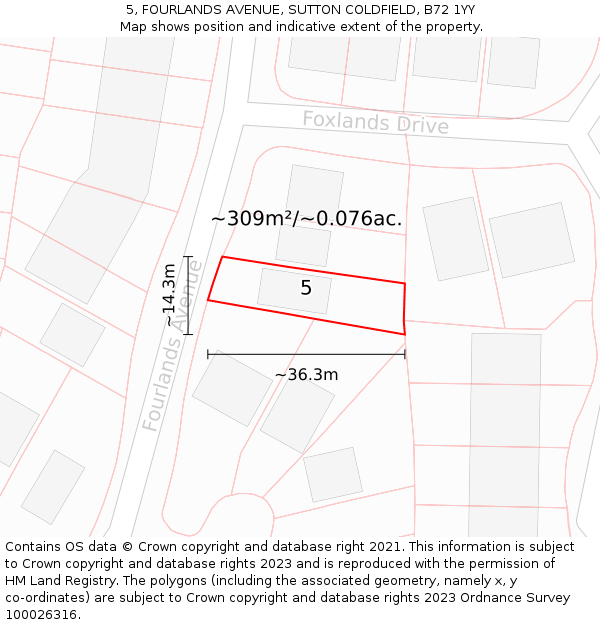 5, FOURLANDS AVENUE, SUTTON COLDFIELD, B72 1YY: Plot and title map