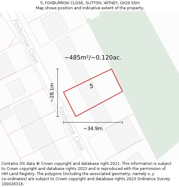 5, FOXBURROW CLOSE, SUTTON, WITNEY, OX29 5SH: Plot and title map