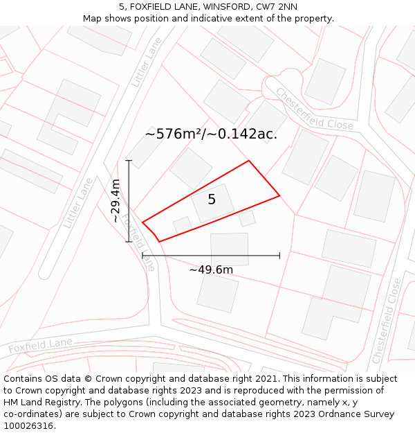 5, FOXFIELD LANE, WINSFORD, CW7 2NN: Plot and title map