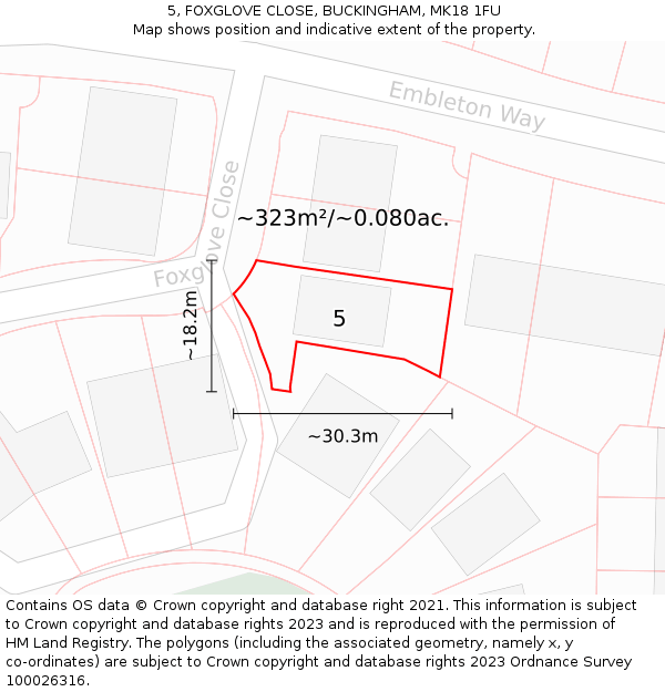 5, FOXGLOVE CLOSE, BUCKINGHAM, MK18 1FU: Plot and title map