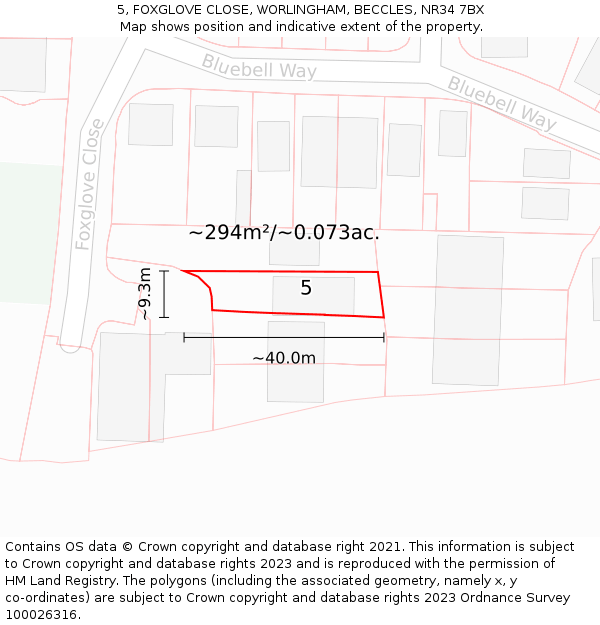 5, FOXGLOVE CLOSE, WORLINGHAM, BECCLES, NR34 7BX: Plot and title map