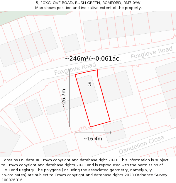 5, FOXGLOVE ROAD, RUSH GREEN, ROMFORD, RM7 0YW: Plot and title map