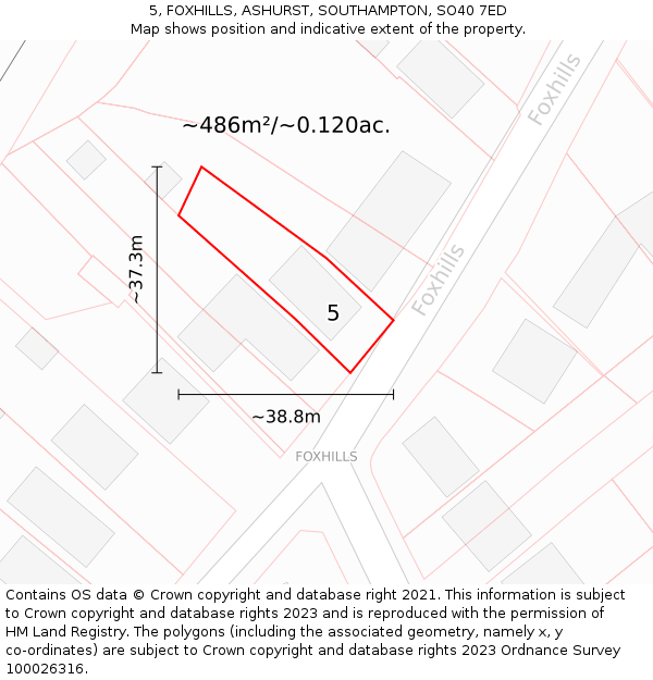 5, FOXHILLS, ASHURST, SOUTHAMPTON, SO40 7ED: Plot and title map