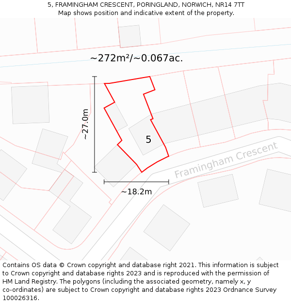 5, FRAMINGHAM CRESCENT, PORINGLAND, NORWICH, NR14 7TT: Plot and title map