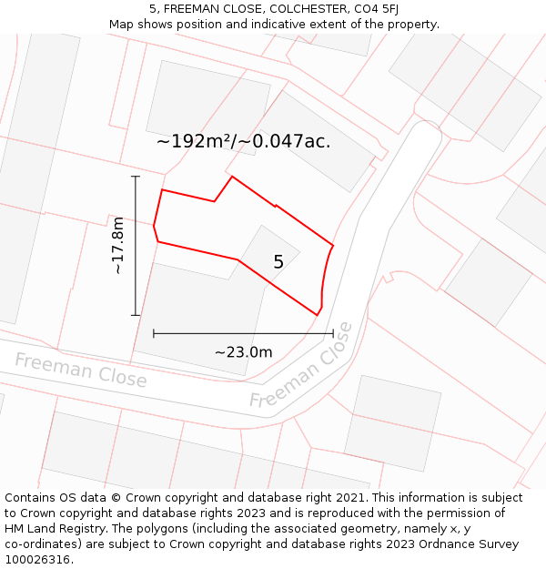 5, FREEMAN CLOSE, COLCHESTER, CO4 5FJ: Plot and title map