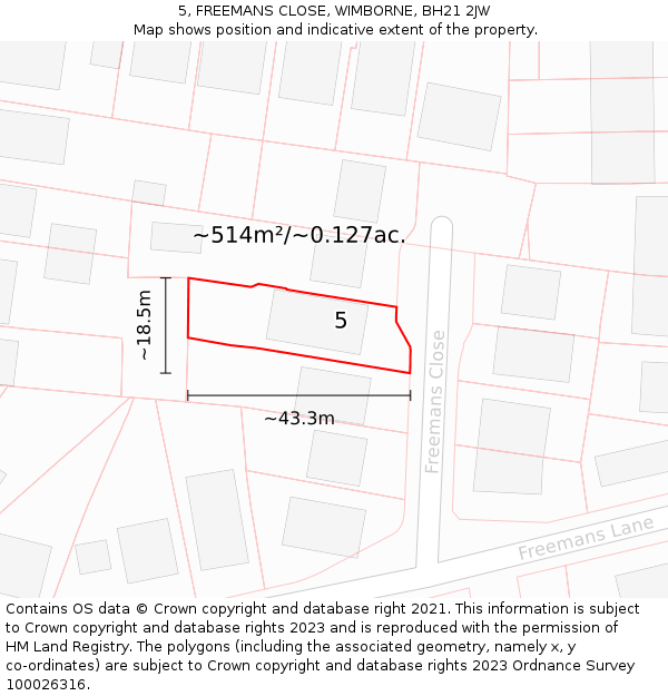 5, FREEMANS CLOSE, WIMBORNE, BH21 2JW: Plot and title map