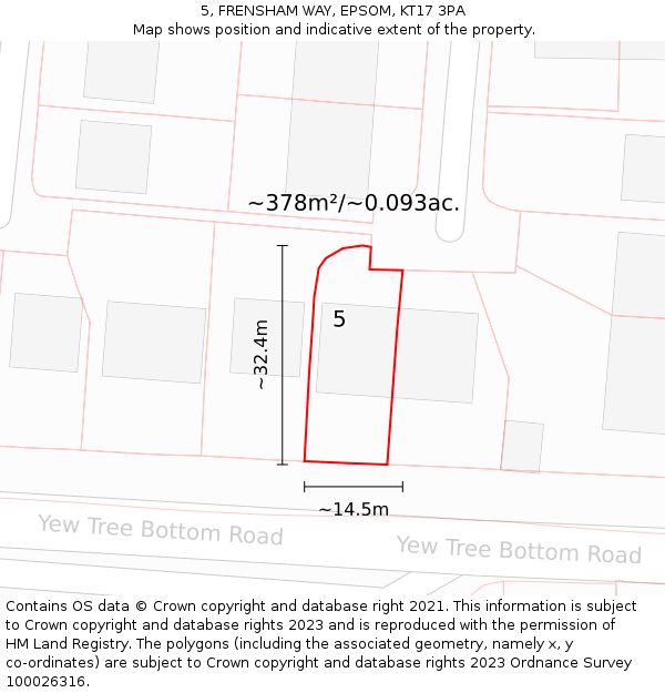 5, FRENSHAM WAY, EPSOM, KT17 3PA: Plot and title map