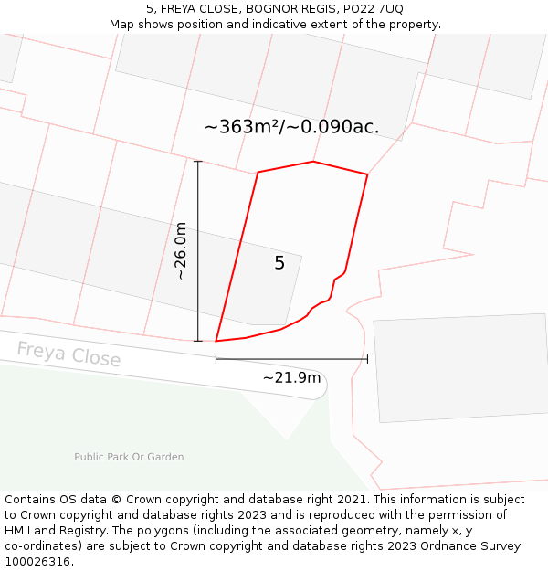 5, FREYA CLOSE, BOGNOR REGIS, PO22 7UQ: Plot and title map