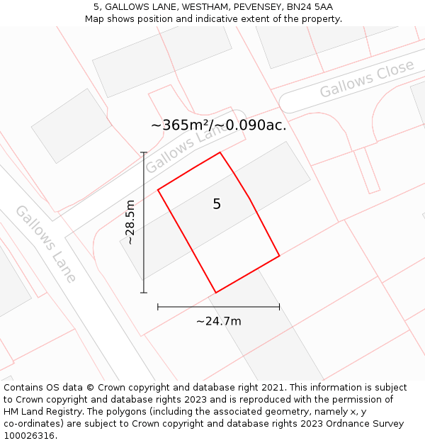 5, GALLOWS LANE, WESTHAM, PEVENSEY, BN24 5AA: Plot and title map