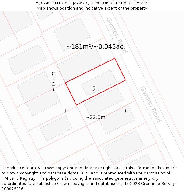 5, GARDEN ROAD, JAYWICK, CLACTON-ON-SEA, CO15 2RS: Plot and title map